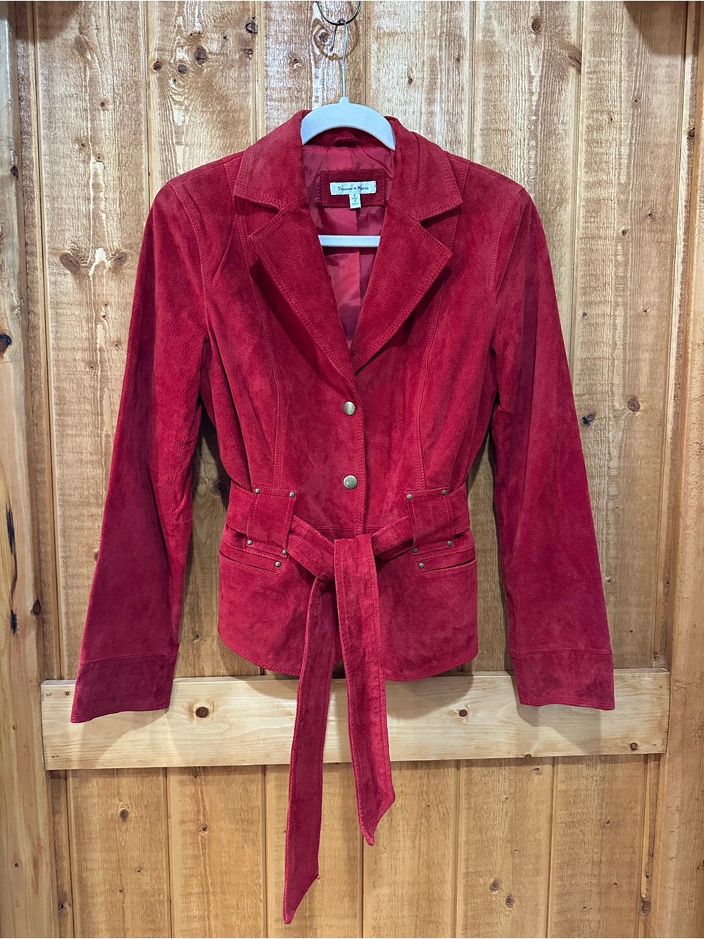 Yvonne & Marie Woman’s Red Leather Fitted Gold Button Lined Blazer Jacket Size 4